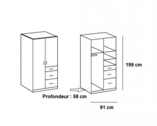 Armoire rangement LAVAL chêne  façade blanc mat 2 portes 3 tiroirs