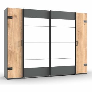 Armoire STOKE 2 portes coulissantes miroirs 2 portes battantes corps graphite rechampis chêne poutre 