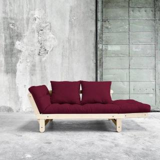 Banquette méridienne futon BEAT pin naturel tissu bordeaux couchage 75*200 cm.