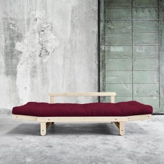 Banquette méridienne futon BEAT pin naturel tissu bordeaux couchage 75*200 cm.