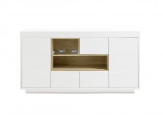Buffet CLEO 169 cm blanc laqué mat  2 portes 3 tiroirs 2 niches décor chêne