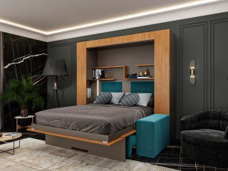 Armoire lit escamotable MAJESTIC SOFA chêne et taupe canapé bleu 160 cm MECANIQUE SEDAC MERAL