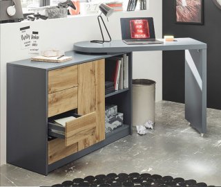 Bureau modulable MARKUS laqué gris mat et décor chêne 1 porte 4 tiroirs