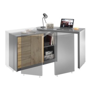 Bureau modulable MARKUS laqué gris mat et décor chêne 1 porte 4 tiroirs