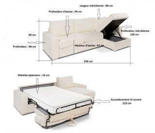 Canapé d'angle EXPRESS BILBAO couchage 120cm matelas 16 cm méridienne coffre velours ivoire