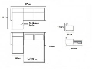 Canapé d'angle Méridienne gauche express ALBINA 160 cm déhoussable matelas 14 cm Encombrement ouvert : 206 cm