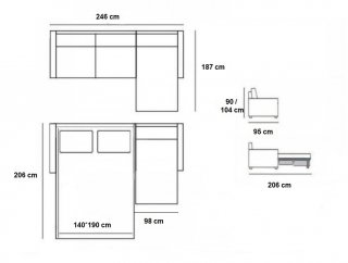 Canapé d'angle Péninsule droite express RUBINA 120 cm déhoussable matelas 18 cm Encombrement ouvert : 206 cm