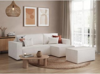 Canapé d'angle réversible MIA convertible 140x225 bouclette blanc avec pouf