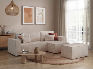 Canapé d'angle réversible MIA convertible avec pouf velours côtelé beige