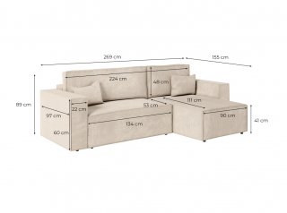 Canapé d'angle réversible MIA convertible avec pouf velours côtelé beige