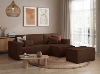 Canapé d'angle réversible MIA convertible avec pouf velours côtelé marron