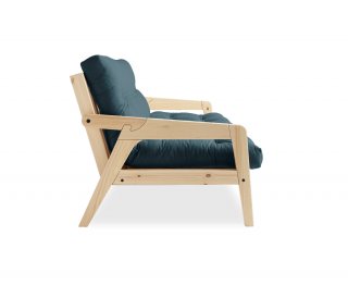 Canapé convertible futon GRAB pin naturel coloris bleu pétrole couchage 130 cm.