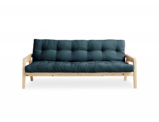 Canapé convertible futon GRAB pin naturel coloris bleu pétrole couchage 130 cm.