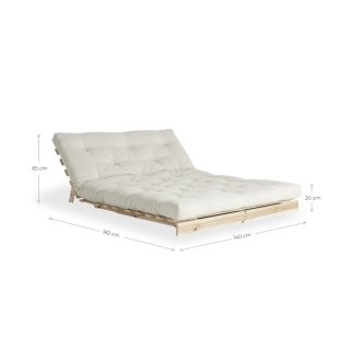 Canapé convertible futon ROOTS pin naturel tissu beige couchage 140*200 cm.