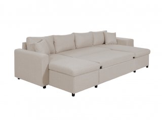 Canapé panoramique convertible CAPELLA tissu beige avec coffre et poufs rangement droite 