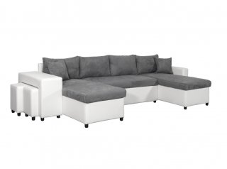 Canapé panoramique convertible CAPELLA blanc/gris avec coffre et poufs rangement gauche