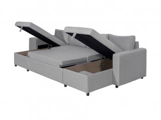 Canapé panoramique convertible CAPELLA tissu gris clair avec coffre et poufs rangement gauche