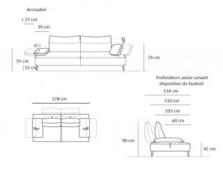 Canapé WILLIAM 3 places modulable dossier réglable bascule pieds métal MAX DIVANI