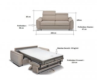 Canapé convertible EXPRESS COURBEVOIE 140cm matelas 16cm densité 35kg/m3 pieds luges sommier LATTES