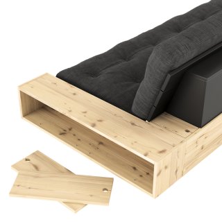 Canapé lit futon BASE bleu pâle couchage 130cm dossiers noirs et accoudoirs coffres
