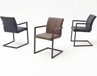 Lot de 4 chaises KERRY tissu marron couture diamant avec piètement tube carré métal noir mat avec accoudoirs