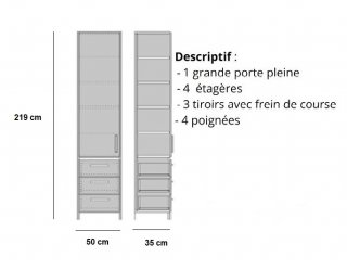 Armoire de rangement 1 porte, 3 tiroirs coloris taupe mat largeur 50 cm