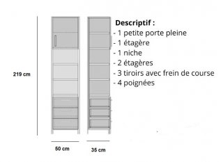 Armoire de rangement 1 porte haute, bibliothèque centrale, 3 tiroirs coloris gris graphite mat largeur 50 cm