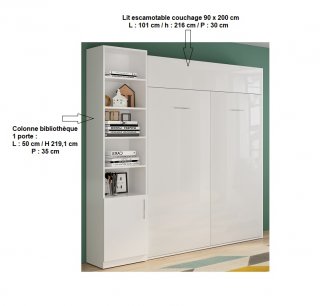 Composition armoire lit DYNAMO façade blanc brillant colonne bibliothèque blanc mat 160*200 cm