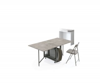 Console extensible Design BALTO PLUS blanc avec table pliante gris béton et 6 chaises intégrées taupe