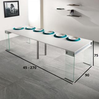 Table console extensible 45 à 270 cm STEF XL 10 couverts piétement verre clair plateau blanc