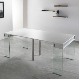 Table console extensible 45 à 270 cm STEF XL 10 couverts piétement verre clair plateau blanc