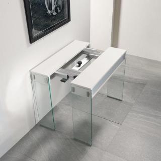 Table console extensible 45 à 270 cm STEF XL 10 couverts piétement verre clair plateau blanc