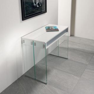 Table console extensible 45 à 270 cm STEF XL 10 couverts piétement verre clair plateau blanc