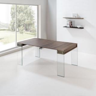 Table console extensible 45 à 270 cm STEF XL 10 couverts piétement verre clair plateau noyer