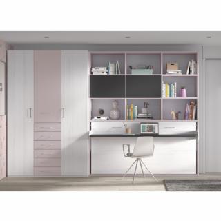 Composition armoire 3 portes 6 tiroirs + lit 90 x 190 escamotable horizontal bibliothèque avec plateau bureau