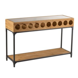 Console pour bouteilles de vin FAKY en métal noir et bois naturel.