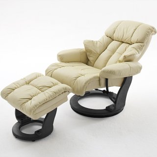 Fauteuil relax CLAIRAC assise en cuir crème pied en bois noir avec repose pied