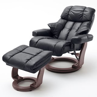 Fauteuil relax CLAIRAC XL assise en cuir noir pied en bois couleur noyer avec repose pied