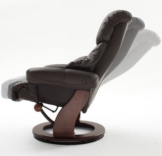 Fauteuil relax CLAIRAC assise en cuir marron pied en bois noyer avec repose pied