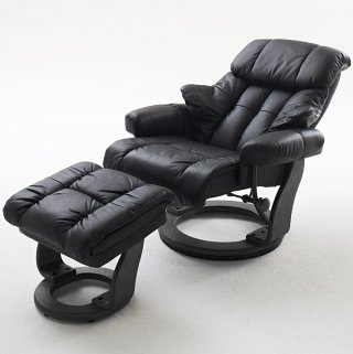 Fauteuil relax CLAIRAC assise en cuir noir pied en bois noir avec repose pied