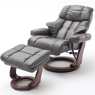 Fauteuil relax CLAIRAC assise en cuir nougat pied en bois noyer avec repose pied