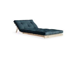 Fauteuil convertible futon ROOTS pin naturel coloris bleu pétrole couchage 90 x 200 cm.