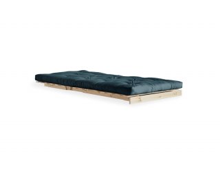 Fauteuil convertible futon ROOTS pin naturel coloris bleu pétrole couchage 90 x 200 cm.