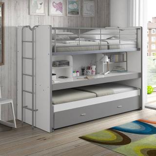 Lit superposé KYLE blanc/gris avec bureau et tiroir lit