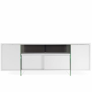 Meuble TV design MARCO POLO 180cm Blanc Mat  portes coulissantes et piètement en verre