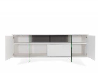 Meuble TV design MARCO POLO 180cm Blanc Mat  portes coulissantes et piètement en verre