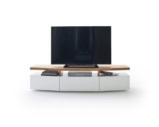 Meuble TV SIGMUND 180 cm laque blanc mat plateau chêne massif 3 tiroirs