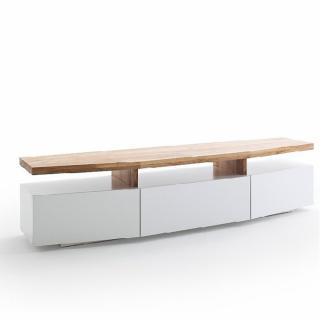 Meuble TV SIGMUND 180 cm laque blanc mat plateau chêne massif 3 tiroirs