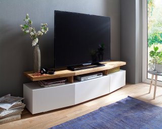 Meuble TV SIGMUND 180 cm laque blanc mat plateau chêne massif 3 tiroirs