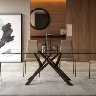 OZZIO DIAGO Table fixe rectangulaire (200 cm x 100 cm) en verre transparent / piètement en métal bronzé  